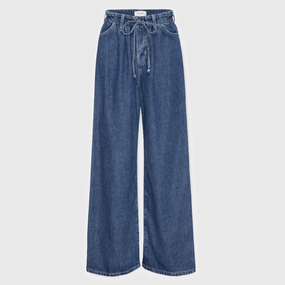 Frame Denim Wide-Leg Drawstring Jeans in Blue Denim